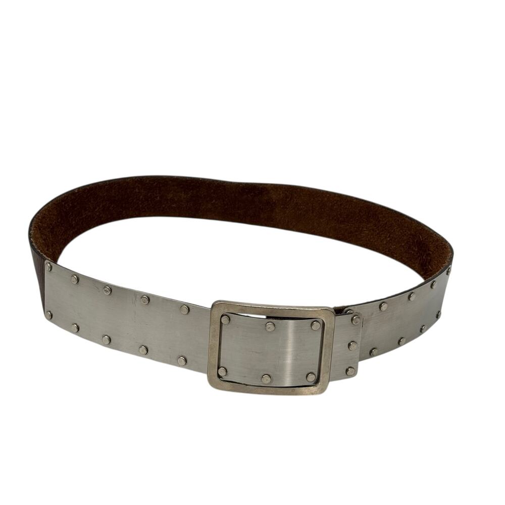 Rivet Metal Leather Belt Womens SZ 36 Brown Buckle Grunge Punk Rocker Cosplay
